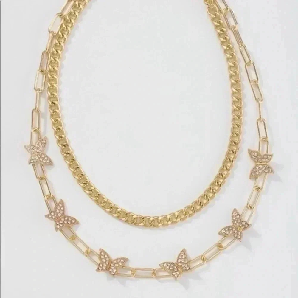 TopShop Butterfly Rhinestone Pendant Charm Gold 2 Chain Layer Statement Necklace